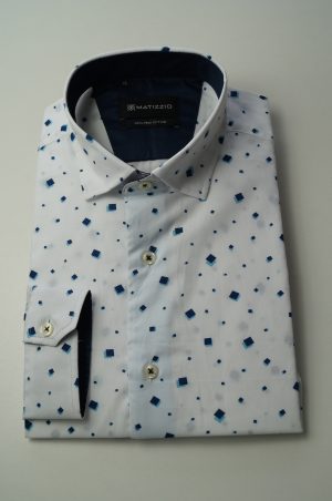 Camisa casual, color blanco con estampado azul, Matizzio 63