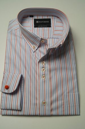 Camisa casual, líneas de color blanco, anaranjado y celeste. Matizzio 85