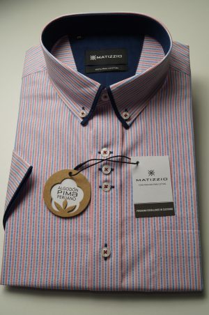Camisa Matizzio, camisa blanca líneas rojas y azules , Manga Corta 106