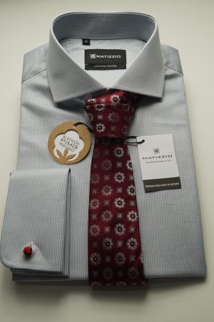 Camisa de vestir, color plomo plata, estampado de cuadritos Matizzio 36 ( puño para gemelos)